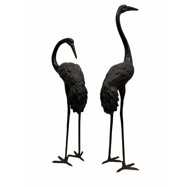 Pair of Vintage Hollywood Regency Dark Patinated Brass Crane Statues For Sale In West Palm - Image 6 of 8