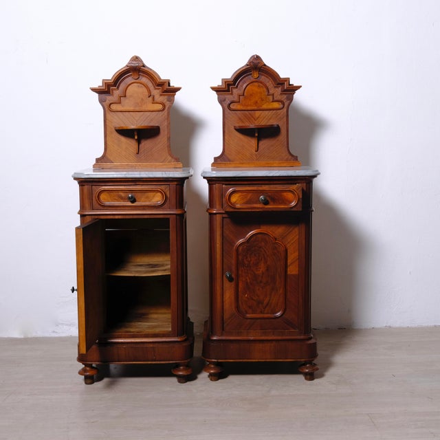 Antique Bedside Tables with Marble Backsplashes and Bases, Late 19th Century, Set of 2 For Sale - Image 4 of 18