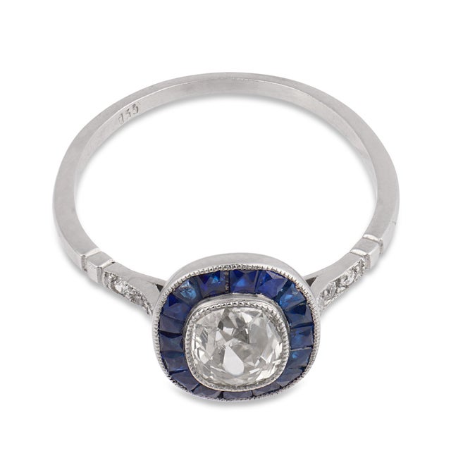 Contemporary Art Deco Style Diamond Sapphire Platinum Target Engagement Ring, Size 6 For Sale - Image 3 of 6