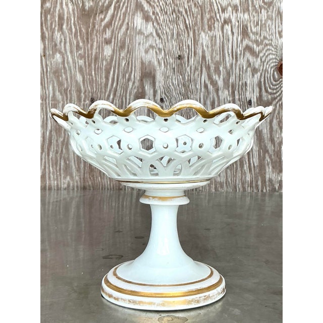 Vintage Regency Reticulated Pierced Porcelain Compote For Sale In West Palm - Image 6 of 8