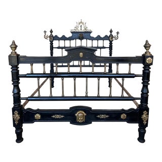 French Black Ebonized Bed With Bronze Mounts and Candle Holder , Signed For Sale