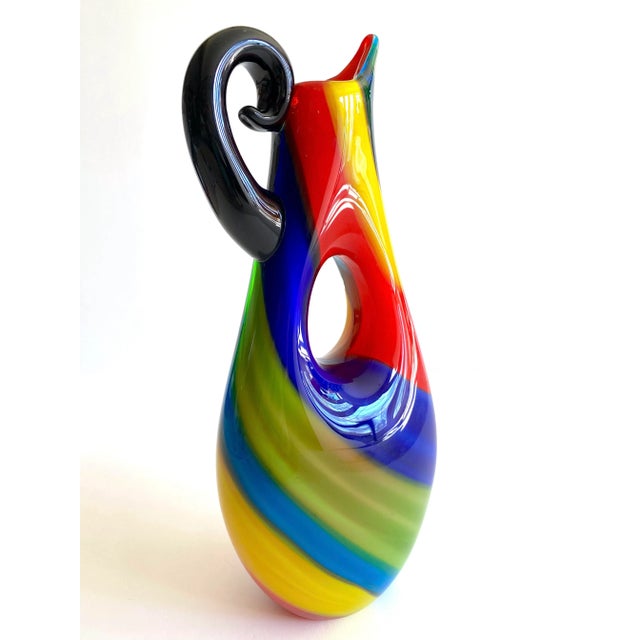 Royal Blue Vintage 1980's Postmodern Italian Murano Art Glass Fused Multicolor Stripe Sculptural Pitcher Vase For Sale - Image 8 of 13