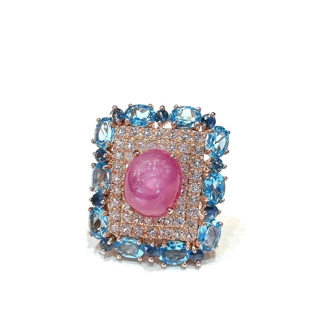 Bochic “Capri” Ruby & Topaz & Blue Topaz Ring Set In 18K Gold & Silver For Sale - Image 9 of 10