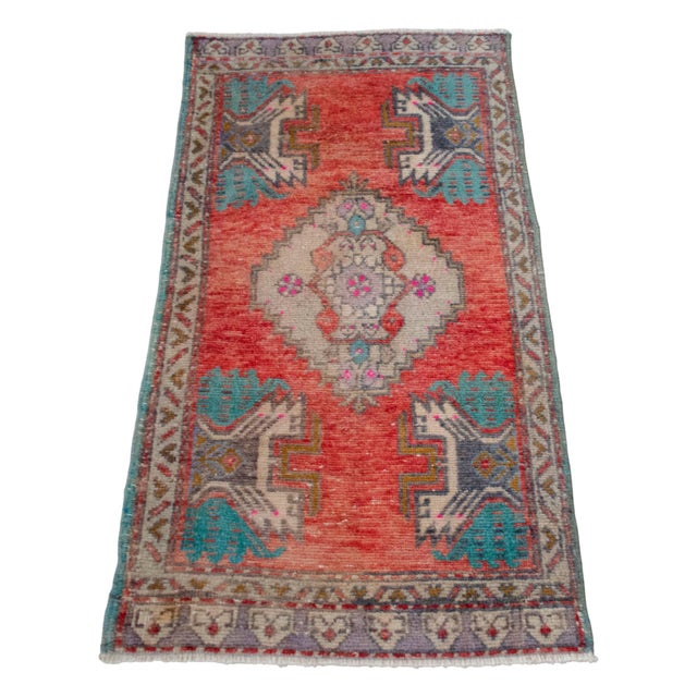 1970s Small Vintage Turkish Oushak Rug 2x3 Hand Knotted Wool Red Teal Entryway Mat Handmade Doormat For Sale - Image 5 of 14