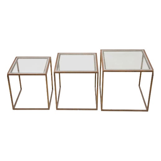 Metal and Glass Nesting Tables, 1970s, Set of 3 For Sale