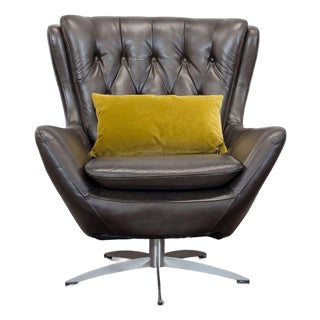Pottery Barn Wells Modern Brown Leather Swivel Chair With Yellow Pillow For Sale