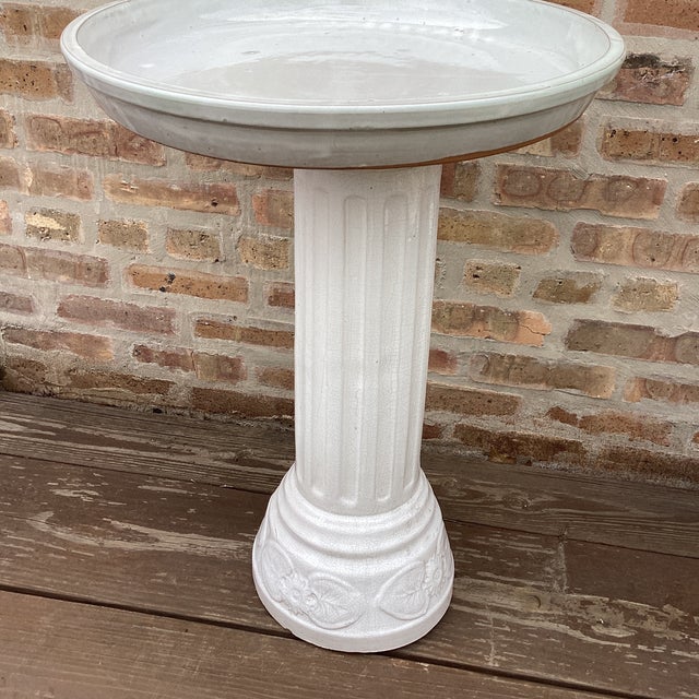 Vintage American Made White Glazed Terracotta Column Pedestal Bird Bath For Sale - Image 12 of 12