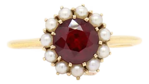 Signed Mid-Century Jones & Woodland 14k Gold, Garnet, and Seed Pearl Ring