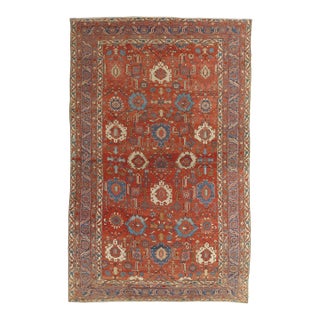 Antique Persian Serapi Carpet, Handmade Wool Oriental Rug Ivory, Rust Light Blue For Sale