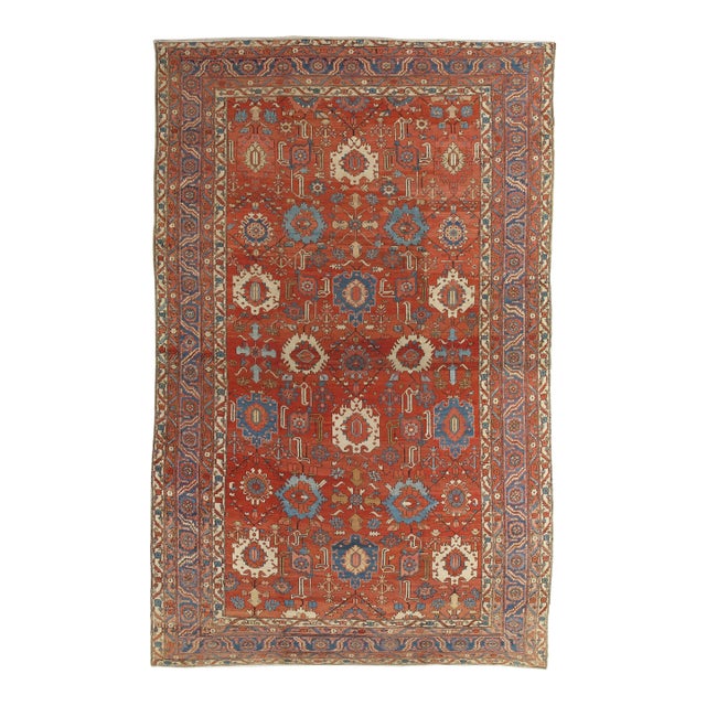 Antique Persian Serapi Carpet, Handmade Wool Oriental Rug Ivory, Rust Light Blue For Sale