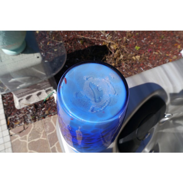 Contemporary Blue Ombre Art Cased Glass Vase With Gold Glitter Drip Swirl Accents Hand Blown For Sale - Image 9 of 13