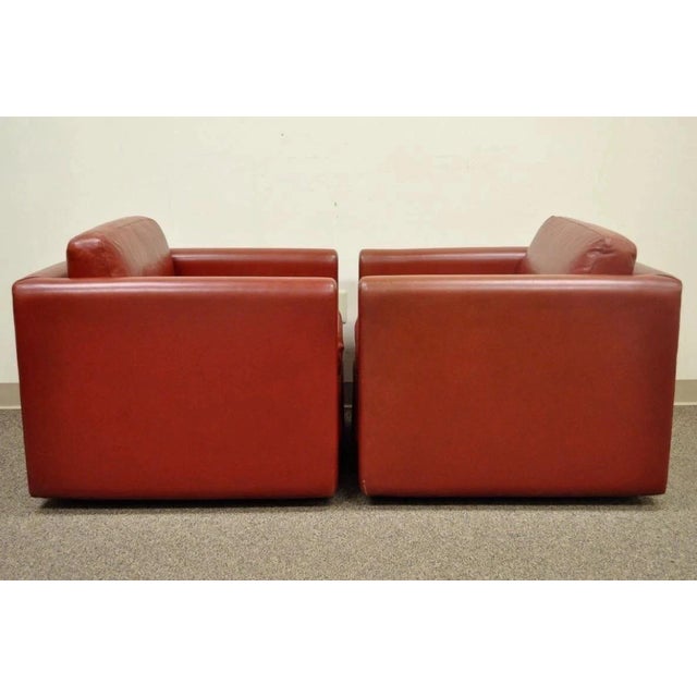 Vintage Mid Century Modern Red Leather Cube Club Lounge Chairs on Casters - Pair For Sale - Image 4 of 12
