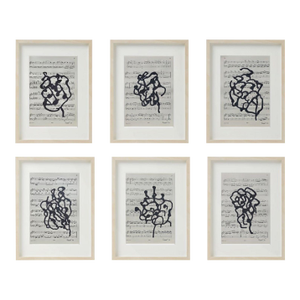 Natural Wood Shadow Box Framed Original Drawings 'Black and White Floral Abstractions on Music Score Sheets' #4 - Wall Gallery Installation - Set of 6