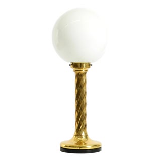 Large Column-Style Table Lamp in Brass with Frosted Glass Globe, 1960s For Sale