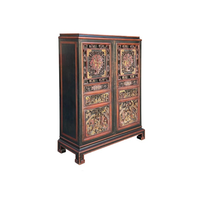 Vintage Oriental Black Red Gold Scenery Carving Storage Cabinet For Sale - Image 9 of 10