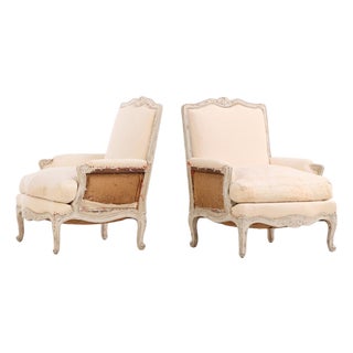 Pair of French Louis XV Style Painted and Carved Bergères, c.1910 For Sale