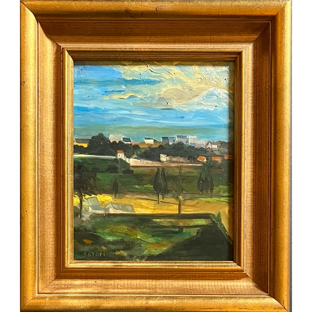 Oil painting on okoume board (similar to oak) of a French landscape with hills in the background, and a peaceful village...