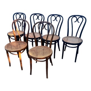 1970s Vintage Bentwood Caned Seat Thonet Style Dining Chairs - Set of 6 For Sale