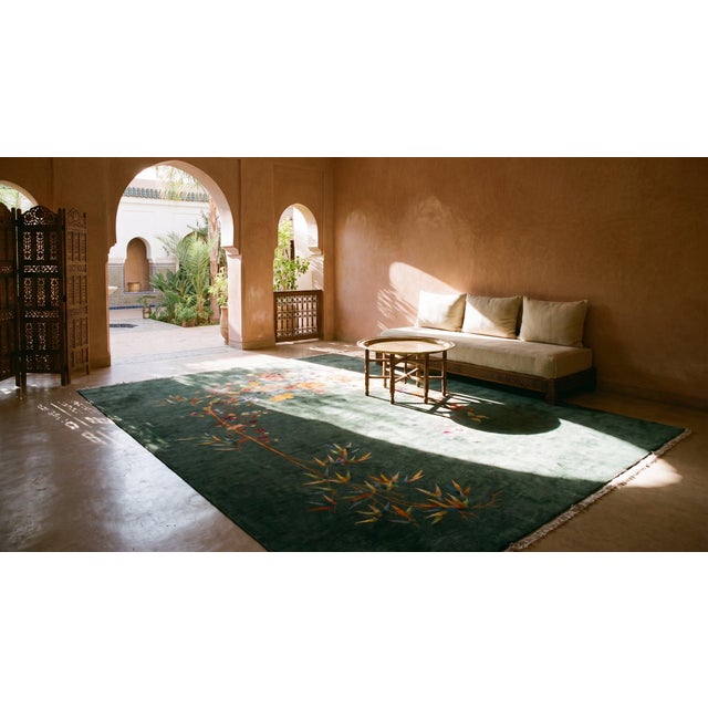 1930s Green Bamboo Floral Antique Chinese Art Deco Rug 8' 9'' X 11' 0'' Handknotted Wool Carpet For Sale - Image 15 of 15