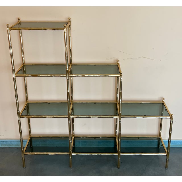 Mid-Century Modern Faux Bamboo Brass Etagere With Stair Form and Smoked Glass For Sale - Image 4 of 12