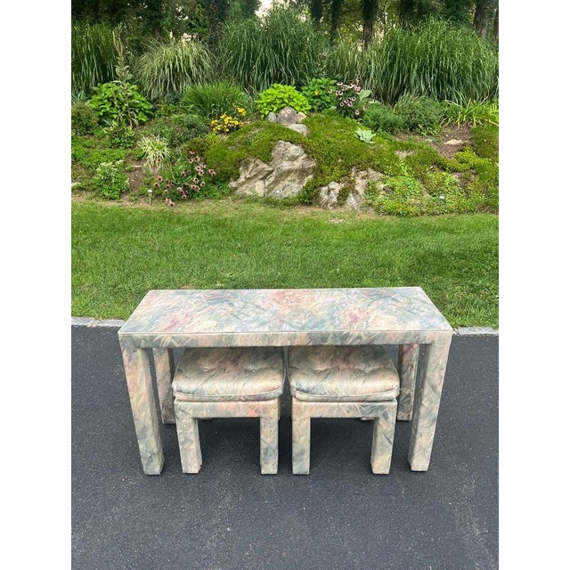 Mid-Century Modern Mid-Century Modern Parsons Console Table With Upholstered Ottomans For Sale - Image 3 of 18