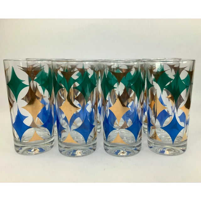 Transparent Vintage Highball Glasses With Blue, Green, and Gold Diamonds - Set of 8 With Caddy For Sale - Image 8 of 10