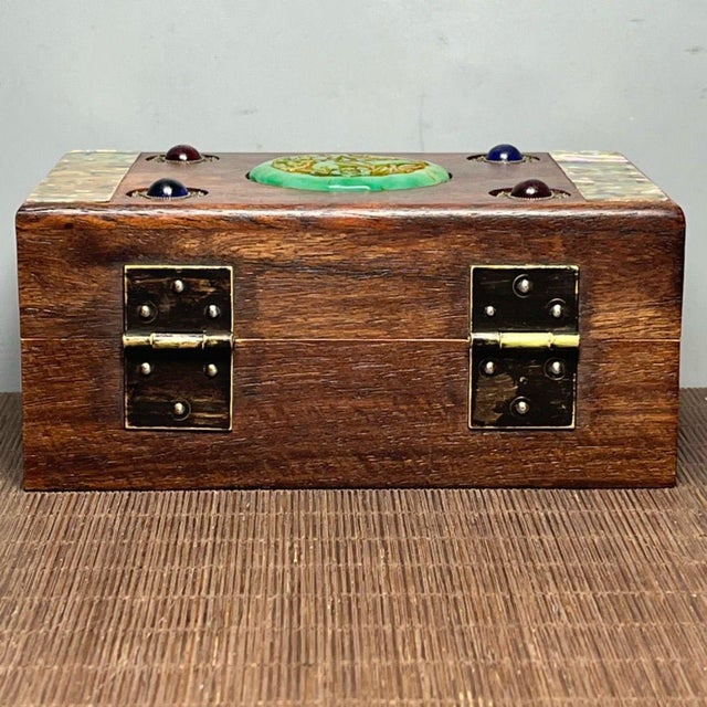 Chinoiserie Vintage Rosewood Jewelry Box With Abalone Shell & Jade Inlay | Chinoiserie Trinket Box For Sale - Image 3 of 9