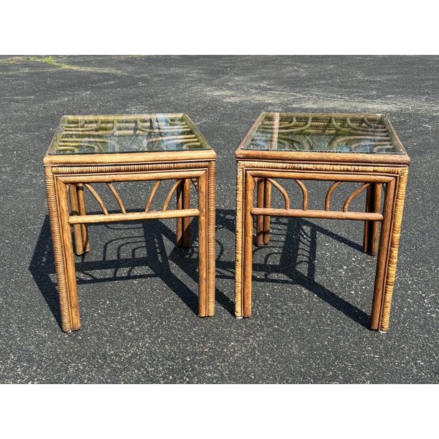 Tan Pair of Rattan Bamboo End Tables Attributed to Brown Jordan For Sale - Image 8 of 12