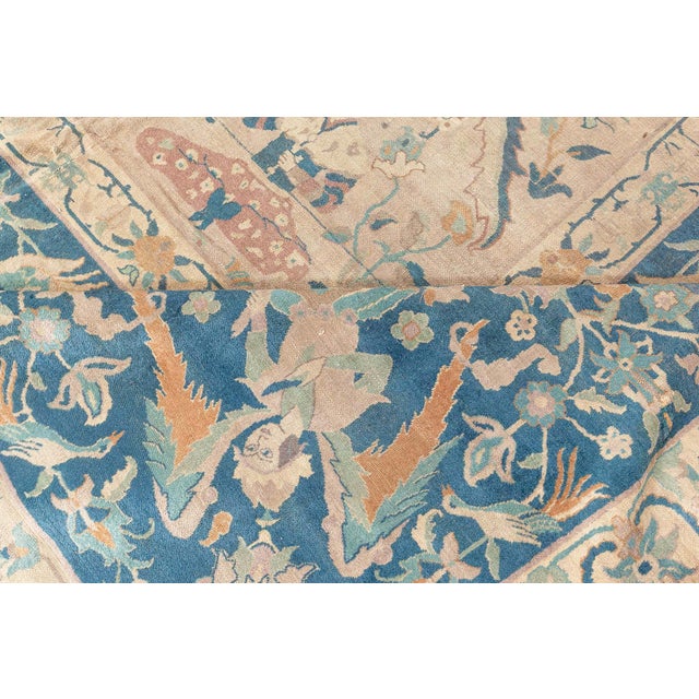 Blue Authentic Indian Animal Botanic Handmade Wool Rug For Sale - Image 8 of 9