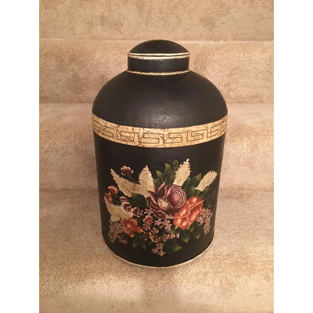 English Black Floral Design Tea Caddy For Sale - Image 13 of 13