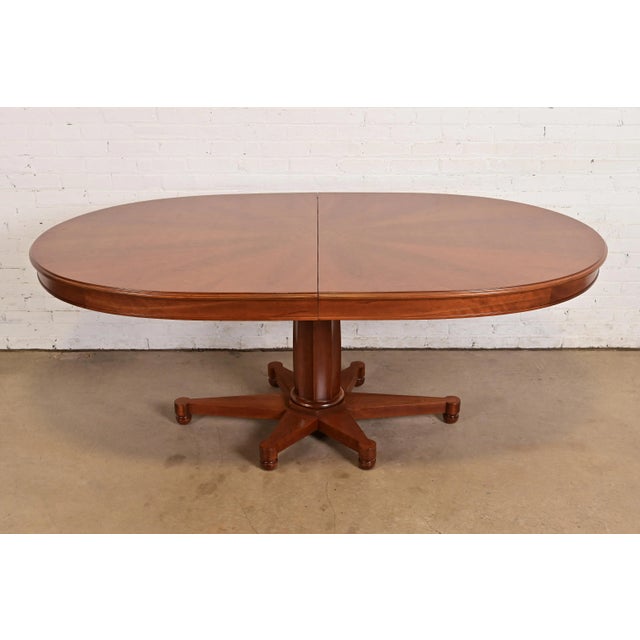 John Widdicomb Mid-Century Regency Cherry Wood Pedestal Extension Dining Table, Newly Refinished For Sale - Image 12 of 12