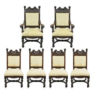 Late 19th Century Rj Horner Attr Renaissance Figural Lion Carved Oak Wood Dining Chairs - Set of 6 For Sale