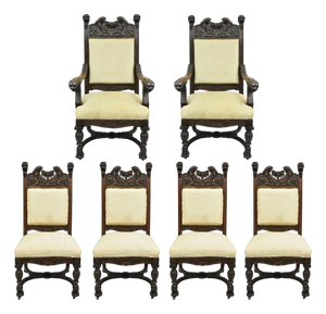 Late 19th Century Rj Horner Attr Renaissance Figural Lion Carved Oak Wood Dining Chairs - Set of 6