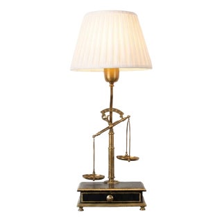 Brass Balance Scale Table Lamp with Drawer Base and Pleated Shade, 1950s For Sale