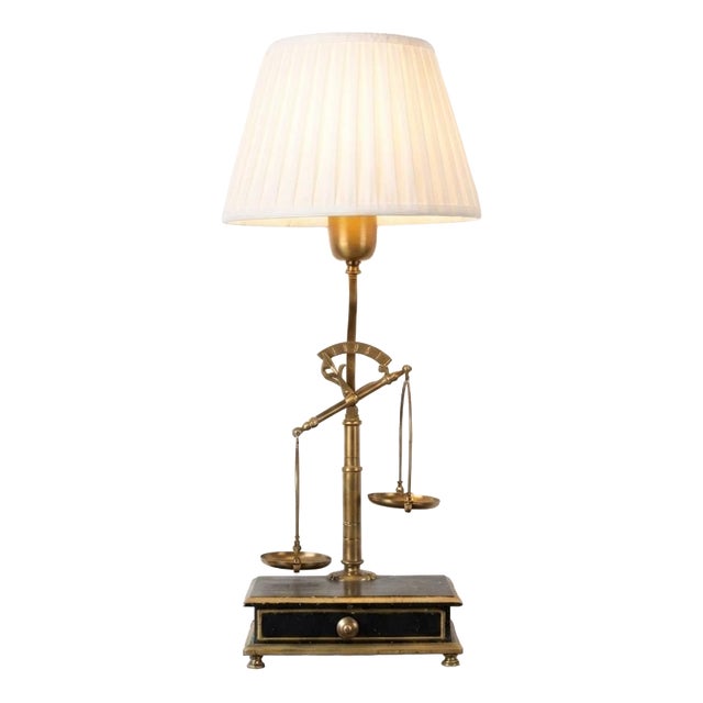 Brass Balance Scale Table Lamp with Drawer Base and Pleated Shade, 1950s For Sale