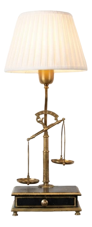 Brass Balance Scale Table Lamp with Drawer Base and Pleated Shade, 1950s