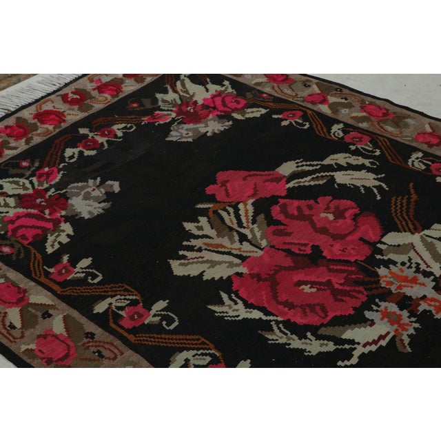 Rug & Kilim Mid Century Bessarabian Kilim Rug Vintage Black Red Floral Pattern Flat Weave For Sale - Image 4 of 9