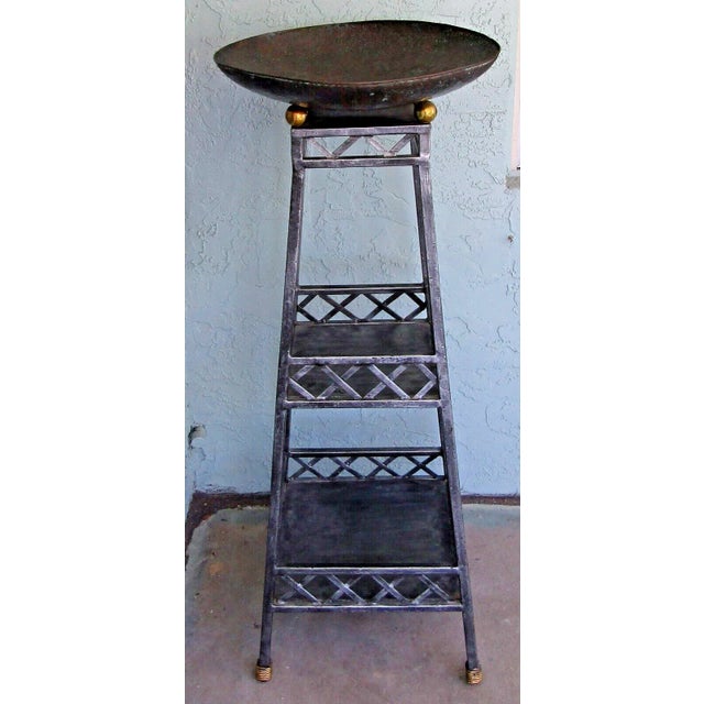 Maitland-Smith Metal Two Shelf Copper Bowl Top Jardiniere Etagere 47" Tall Stand Excellent condition and labeled beneath...