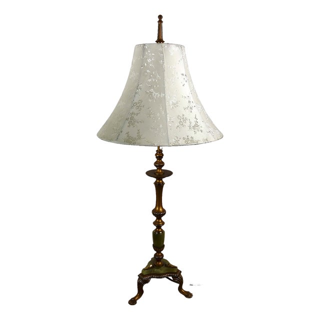 Antique Brass and Onyx Table Lamp with Fabric Shade from Unbekannt, 1930s For Sale