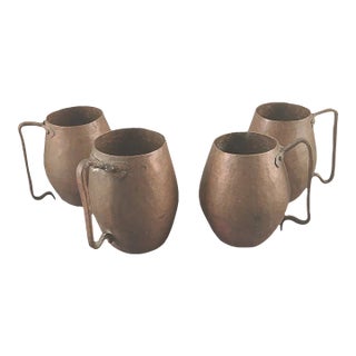 Set of 4 Antique Arts & Crafts Hand Hammered Copper Tankards Cups Mugs #1 For Sale