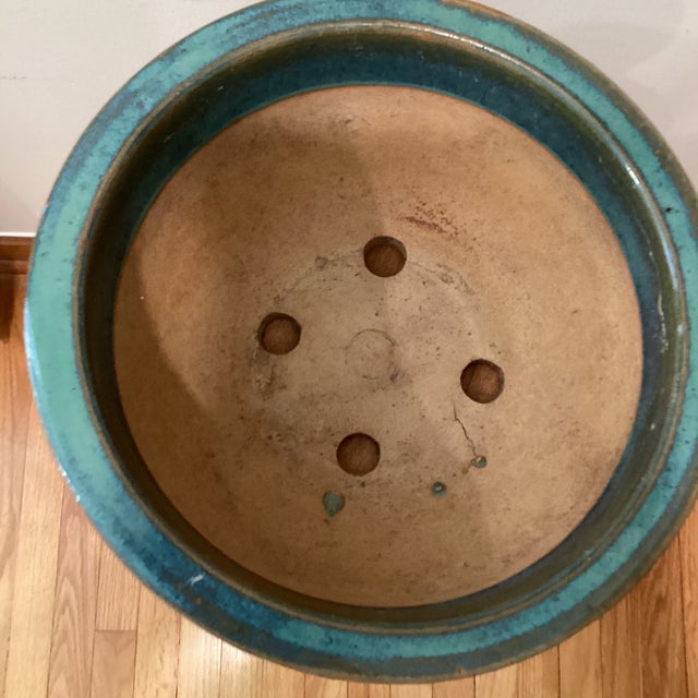 Late 20th Century Vintage Large and Heavy Copper Green With Drip Glaze Ceramic Low Bowl Planter For Sale - Image 5 of 12