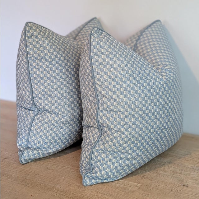 Transitional Fermoie Ruffle Pillows in Light Blue With Cord - Double Sided Pair For Sale - Image 3 of 7