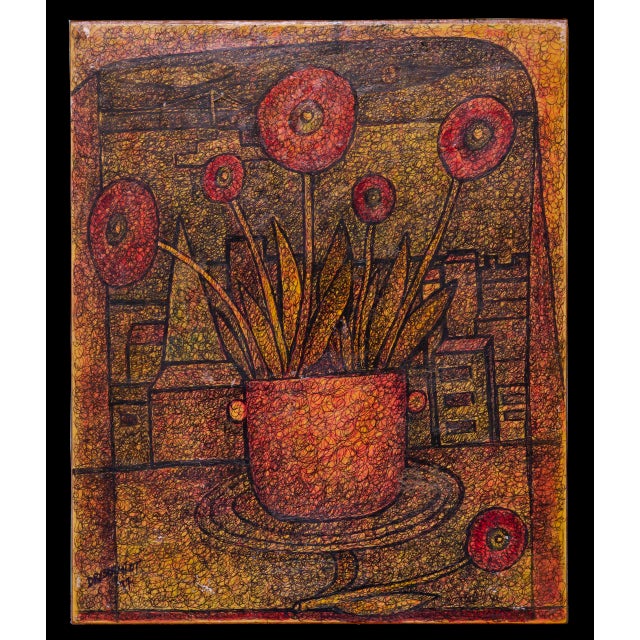 Harald Dry Schmidt (1933 - 1979) Outsider Art San Francisco Still Life Mixed Media on Paper Affixed to Masonite 1977 14" x...