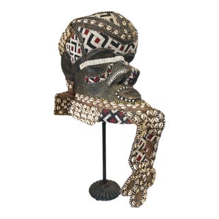 Vintage Large African Tribal Beaded Kuba Royal Head Mask/Helmet Sculpture Congo 11" H For Sale