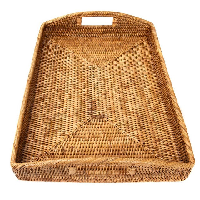 Boho Chic Artifacts Rattan Rectangular Serving Tray with High Handles in Honey Brown - 21" For Sale - Image 3 of 10