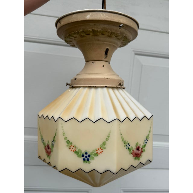 Gorgeous cream colored painted Metal ceiling fixture with matching geometric shaped frosted glass globe with painted...