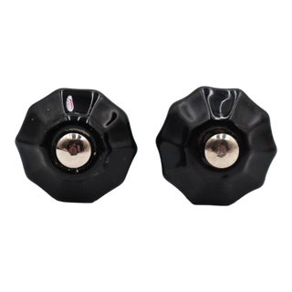 Pair of 1 In. Vintage Fluted Black Glass Cabinet Knobs For Sale
