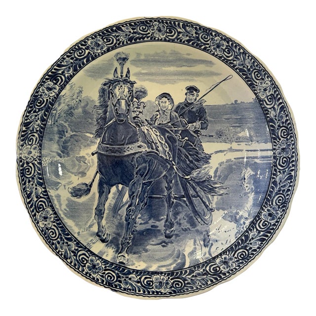 Vintage Large Delft Boch Blue and White Plate With Carriage Scene For Sale