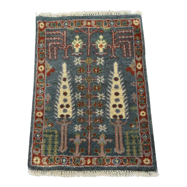 Heriz Rug 1’11” X 2’8” Blue Wool Tribal Hand-Knotted Oriental Carpet For Sale