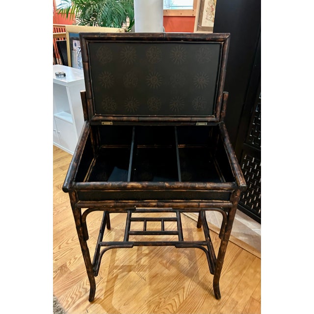 1970s Vintage Rattan/Bamboo Flip Top Desk With Rustic Burnt Finish For Sale - Image 4 of 7